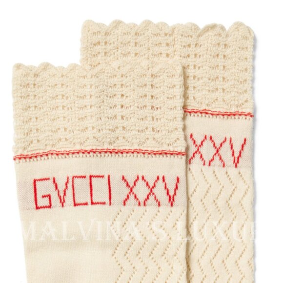 GUCCI DRESS SOCKS XXV KNITTED COTTON CROCHET SCALLOP TOP EMBROIDERED LOGO - Picture 9 of 10